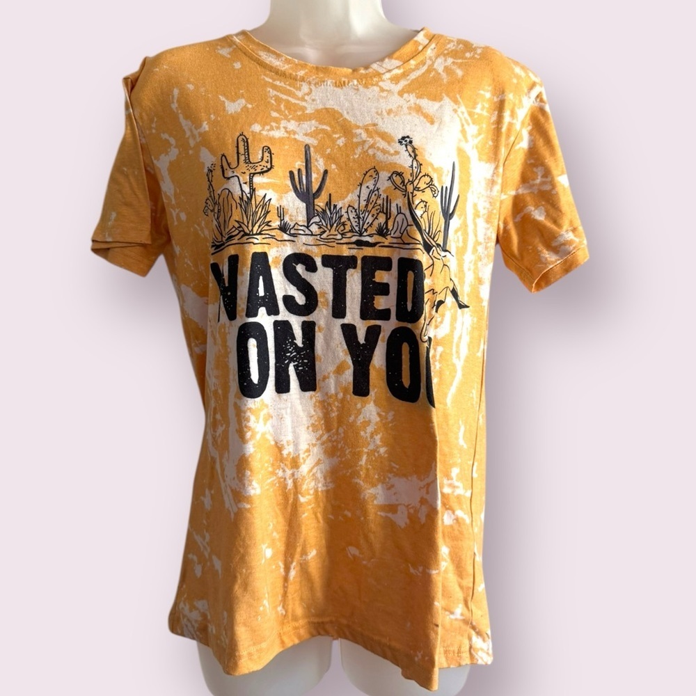 Wasted On You Orange Bleach Tie Dye Graphic Tee Short Sleeve Size S